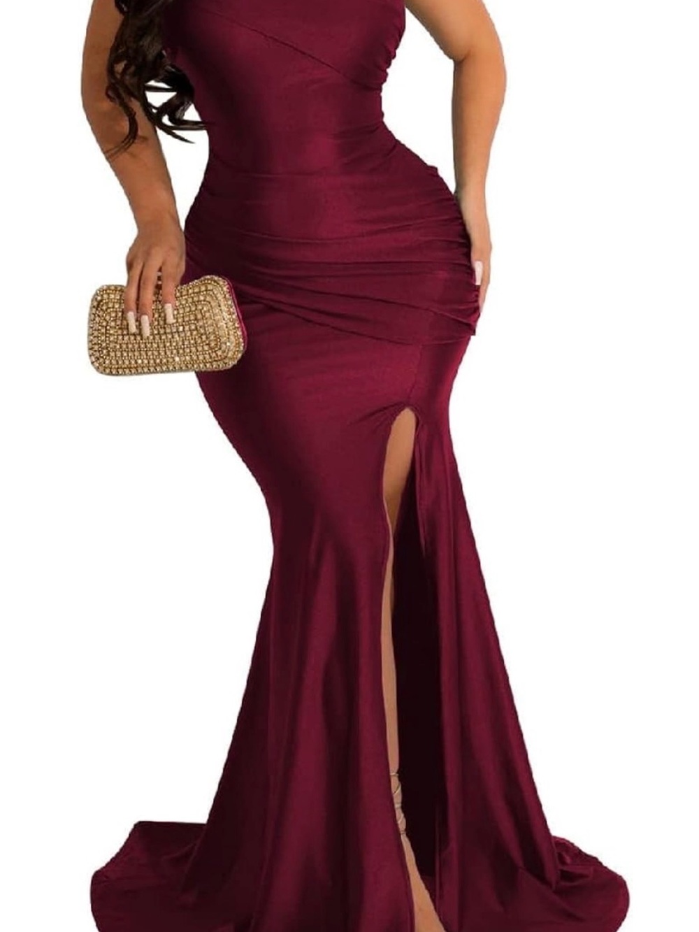 Burgundy One-Shoulder Mermaid Wedding Dress with Front Slit
